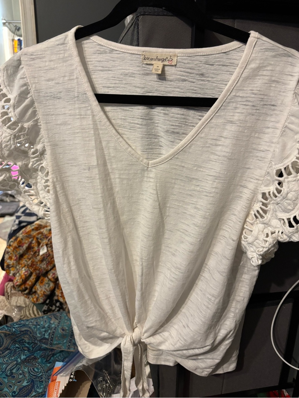 love on a hanger White V-Neck Tie Front Top with Crochet Sleeves Medium